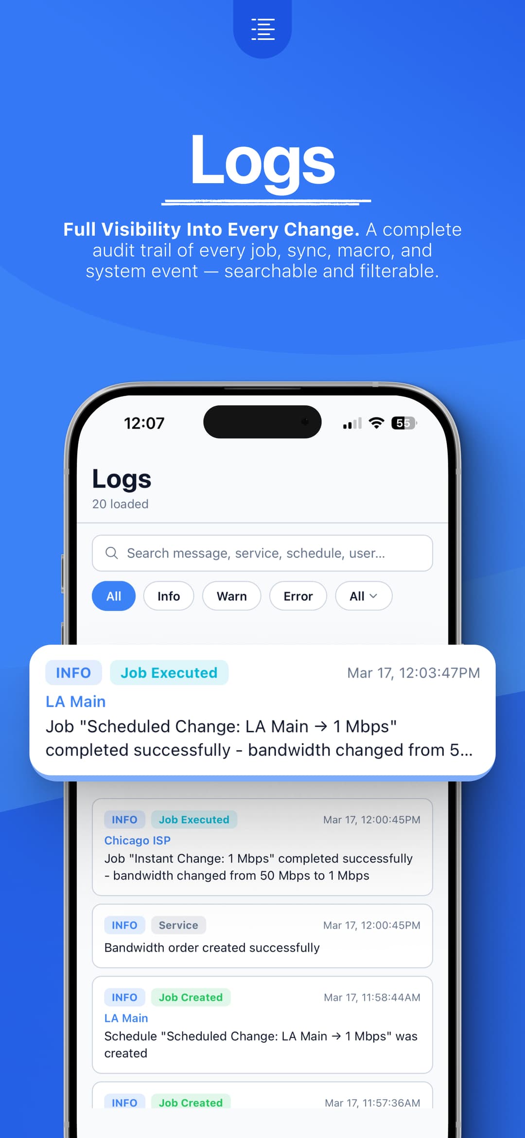 Nexari mobile app screenshot: Logs