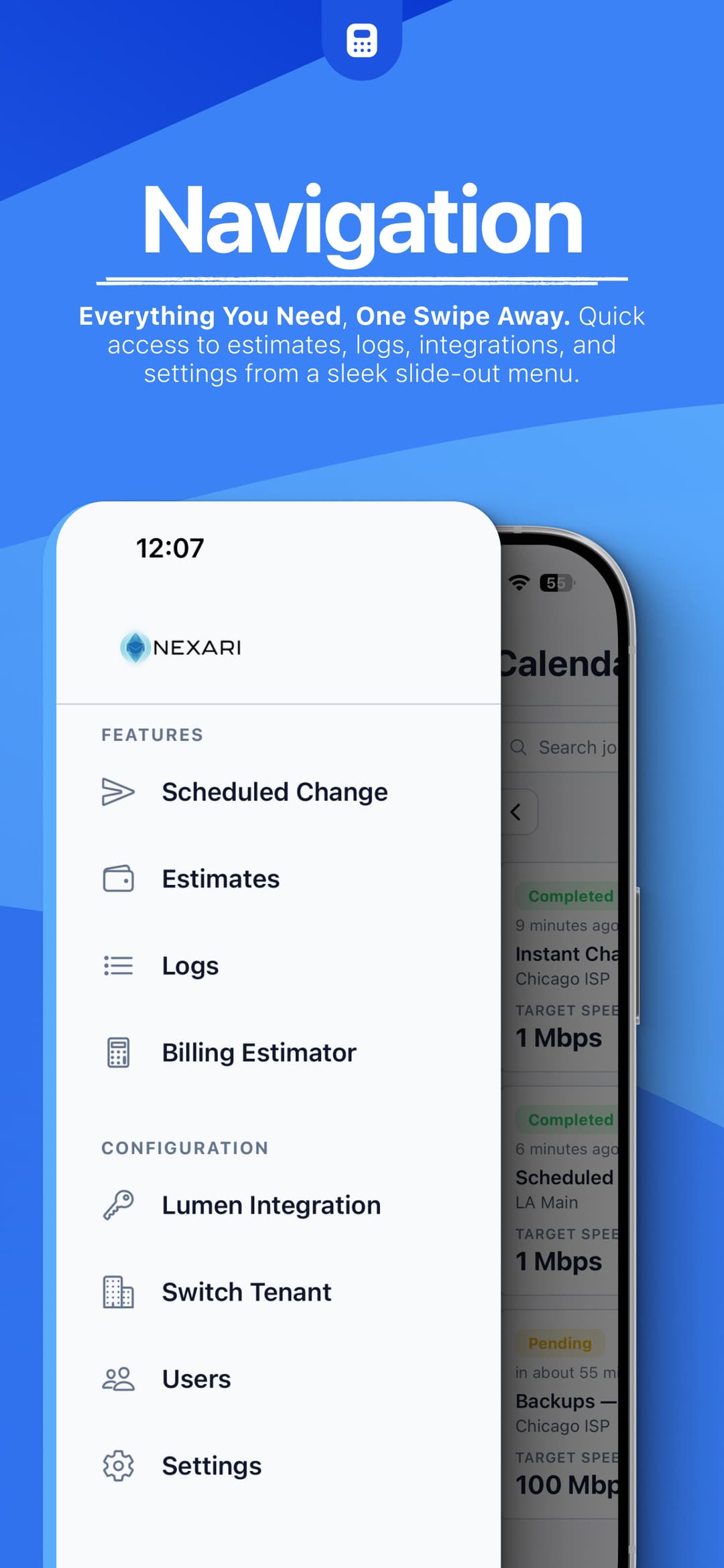 Nexari mobile app screenshot: Navigation